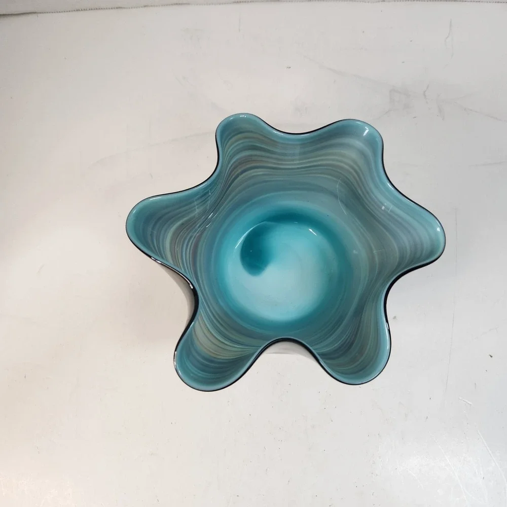 Vintage 3 Pc Murano-Style Art Glass Handkerchief Bowl Set Blue-Green Swirl Read